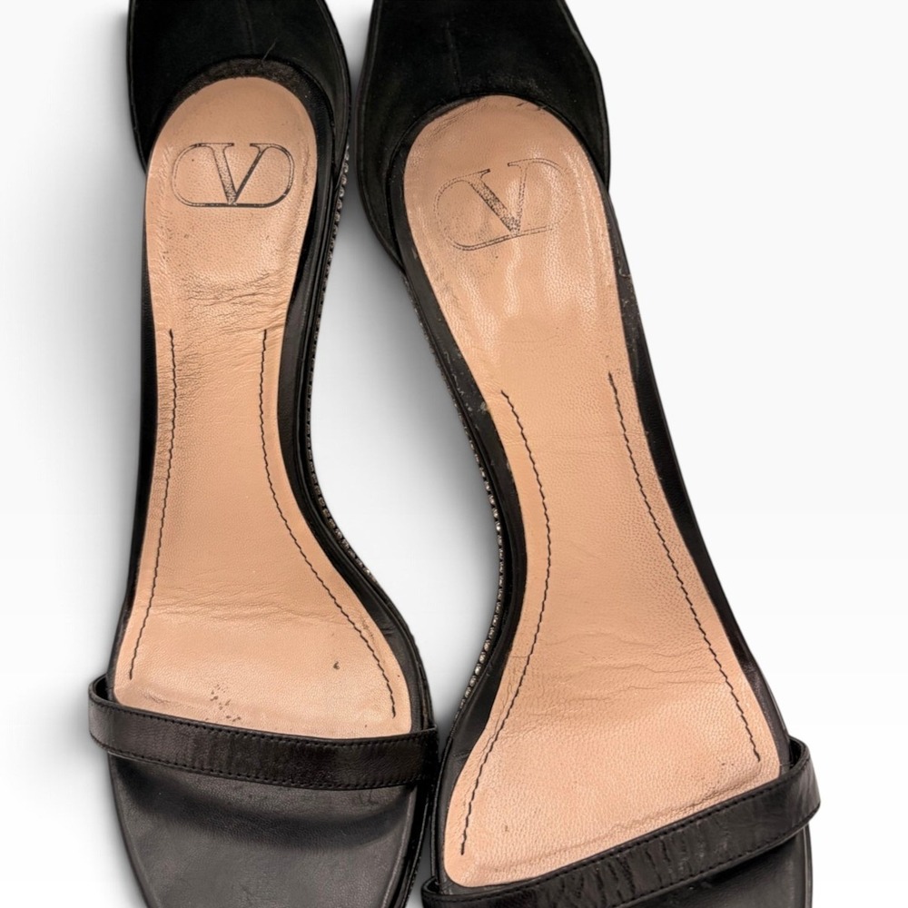 Valentino Garavani Sandals 39 Luxury Black Leather Rockstud Crystal Strapy Heel - Picture 6 of 9